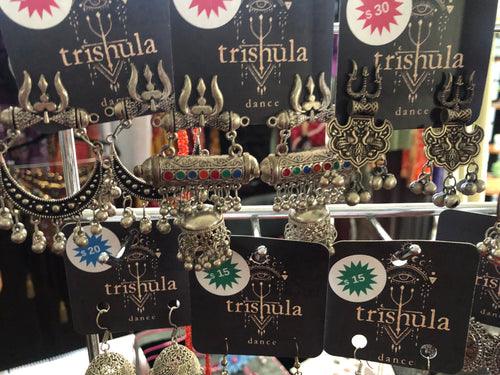 EARRINGS - TRISHULA  - ANTIQUE SILVER WITH BELLS