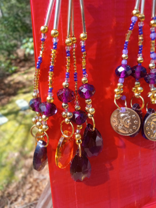 TASSELS -  SET OF 2 - PURPLE & GOLD - BEADED TASSELS